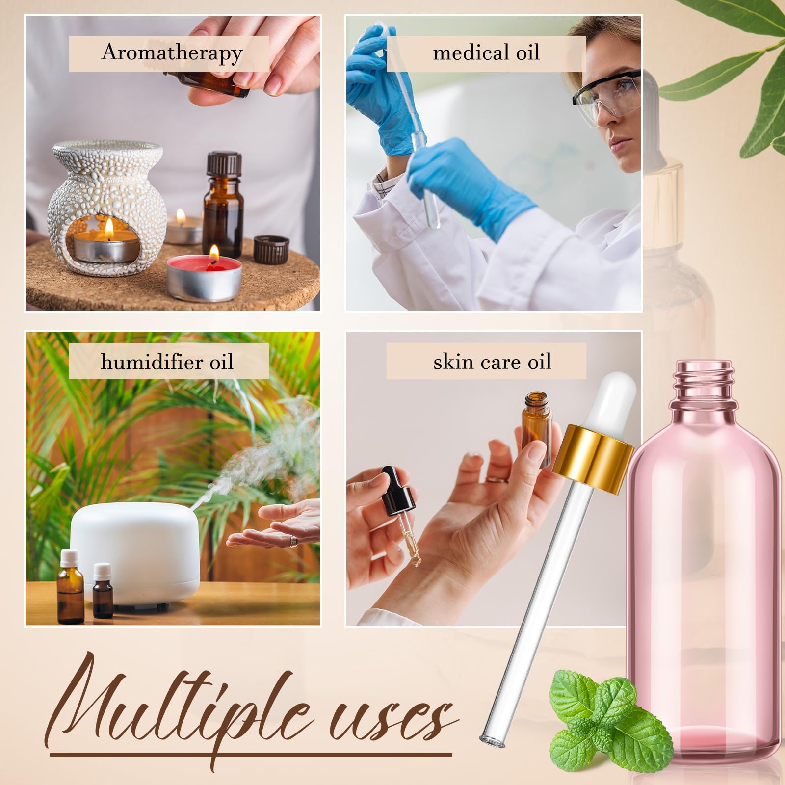 Lallisa 48 Stück Glas-Tropfflaschen mit Augentropfenspender, Labor Tropfflaschen mit 4 langen Pipetten, 4 Trichter und 80 Etiketten für Reisen, Nagelhautmassage, ätherische Öle, Parfüm (Rosa, 118 ml)