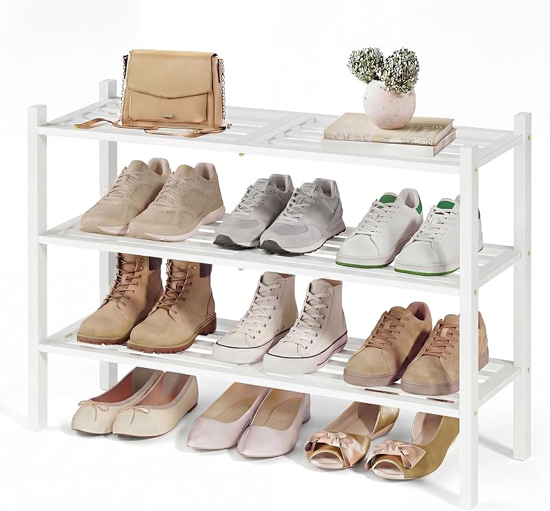 SONGMICS Zapatero de Bambú para Armario, Organizador de Zapatos Apilable con Estructura Modular, Estante Independiente que Ahorra Espacio para la Entrada del Dormitorio, 3 Niveles, Capacidad para 12-16 Pares, Blanco Nube ULBS053WZ01