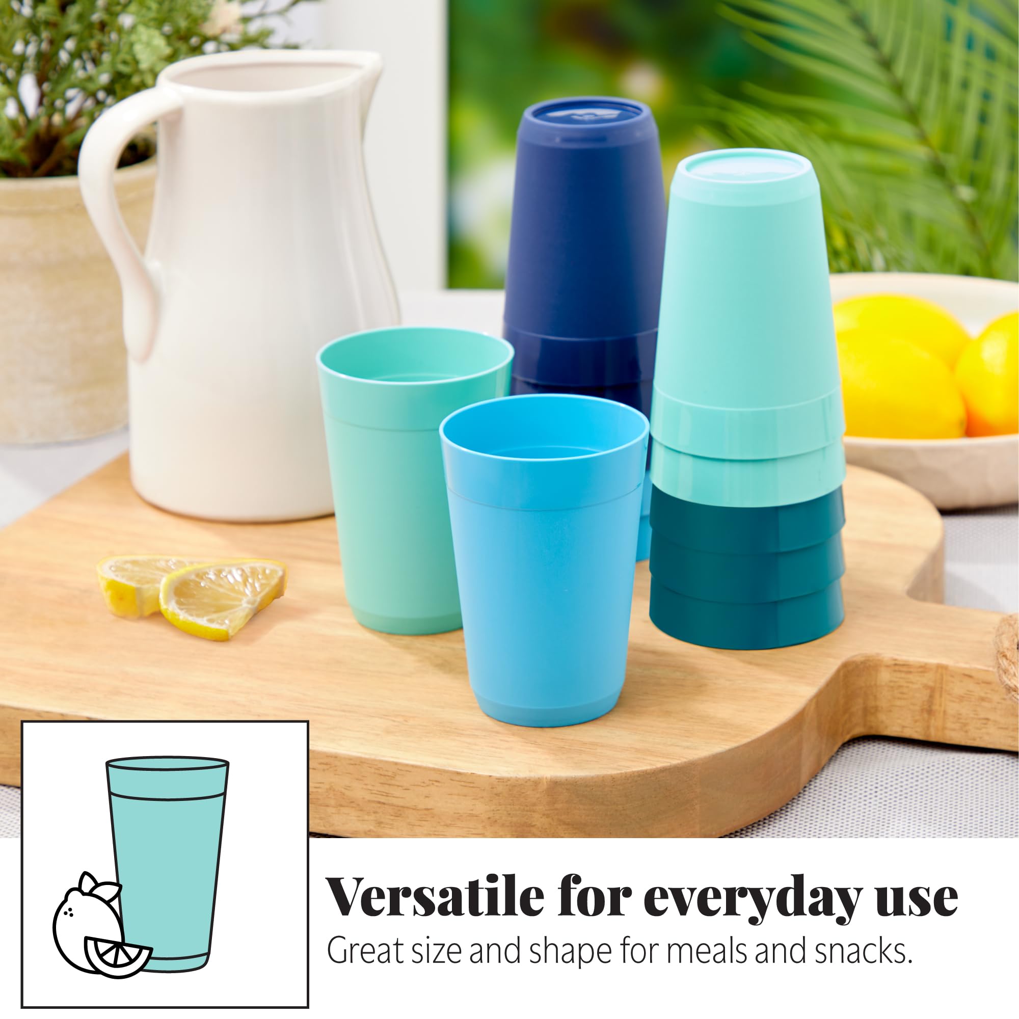 US Acrylic Newport - Vasos apilables de plástico irrompible de 10 onzas en colores costeros, juego de 12 vasos para beber, reutilizables, sin BPA, fabricados en los Estados Unidos, aptos para