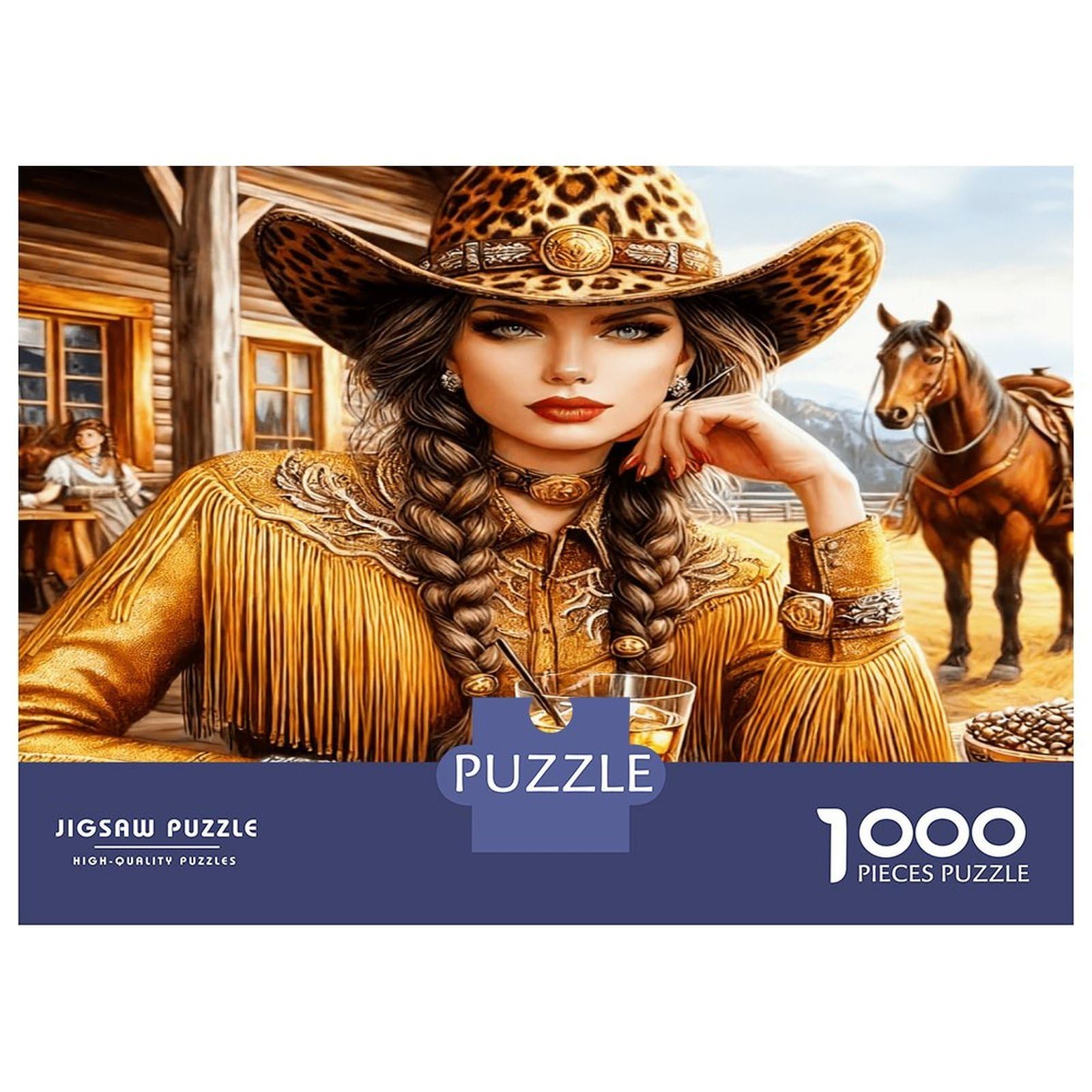 Cowgirl with Drink 1000 Piece Classic Jigsaw Puzzle Western Spirit Puzzle for Adults Thick Cardboard Impossible Hard Challenging Decompression Wall Decor Relaxation Creativity 70x50cm/1000pcs