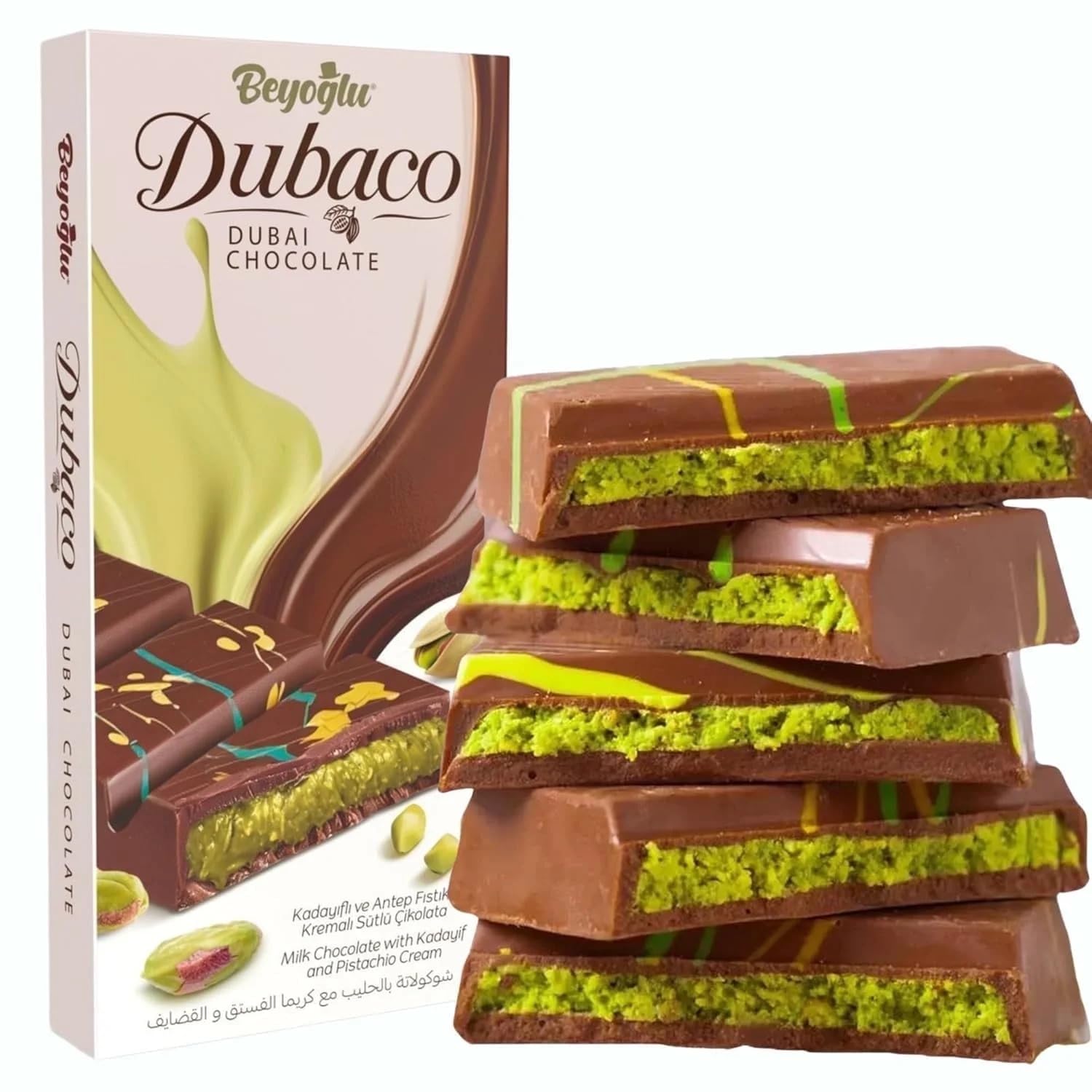 Beyoglu Dubaco Dubai Chocolate Bar – Turkish Pistachio Chocolate with Tahini & Crispy Kadayif | 7 oz Middle Eastern Gourmet Milk Chocolate Imported