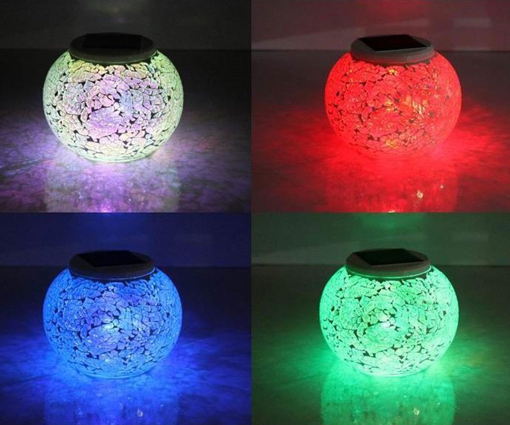 Solar Powered Color Changing LED Light Mosaic Glass Lantern Waterproof Table Lamp Crystal Globe Ball Night Light for Garden Patio Party Yard Outdoor Indoor Decorations