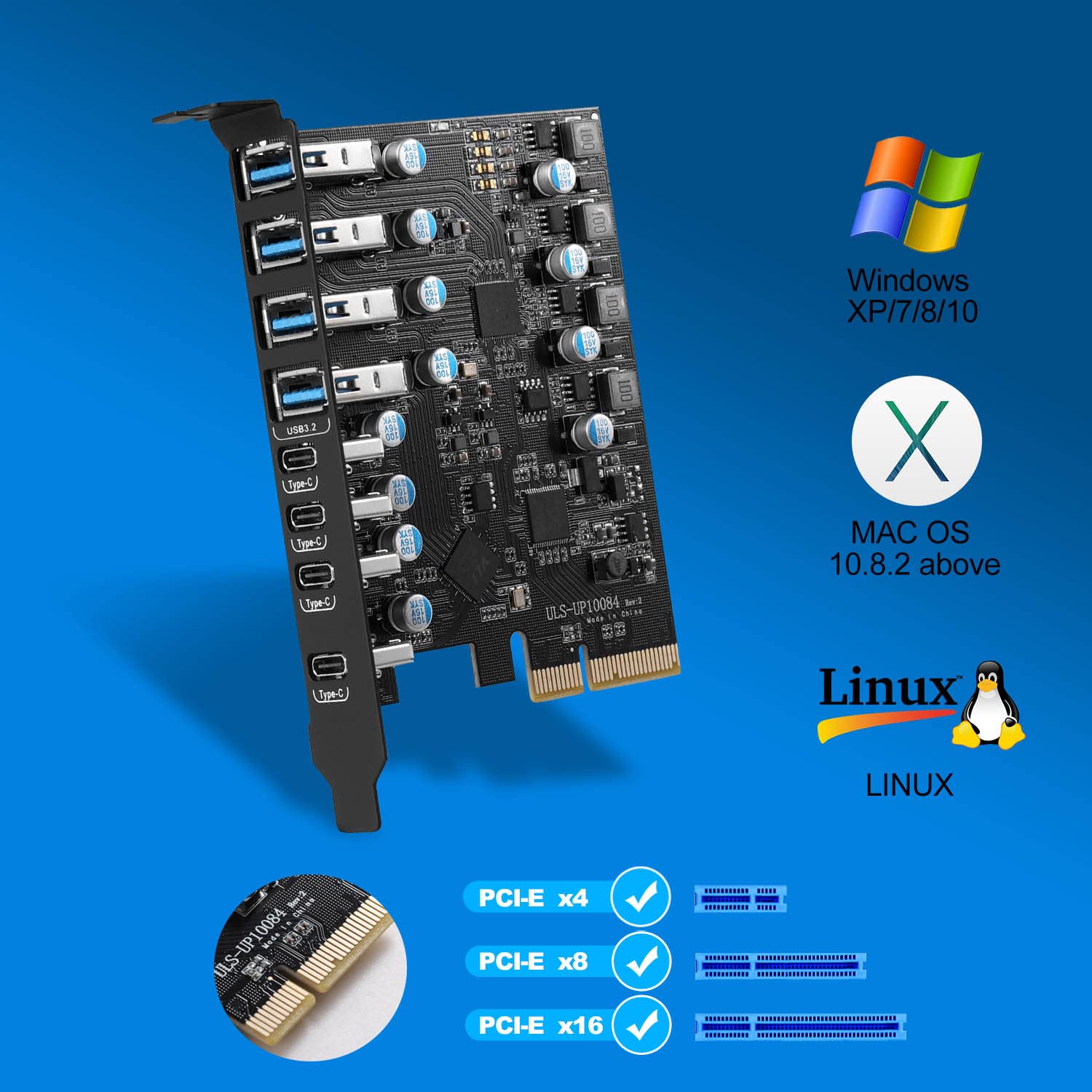 Tarjeta de Expansión PCIe USB 3.2 (USB 3.1) Gen 2, 8 Puertos (4 Type- C, 4 Type-A) 10 Gbps para Windows y Mac
