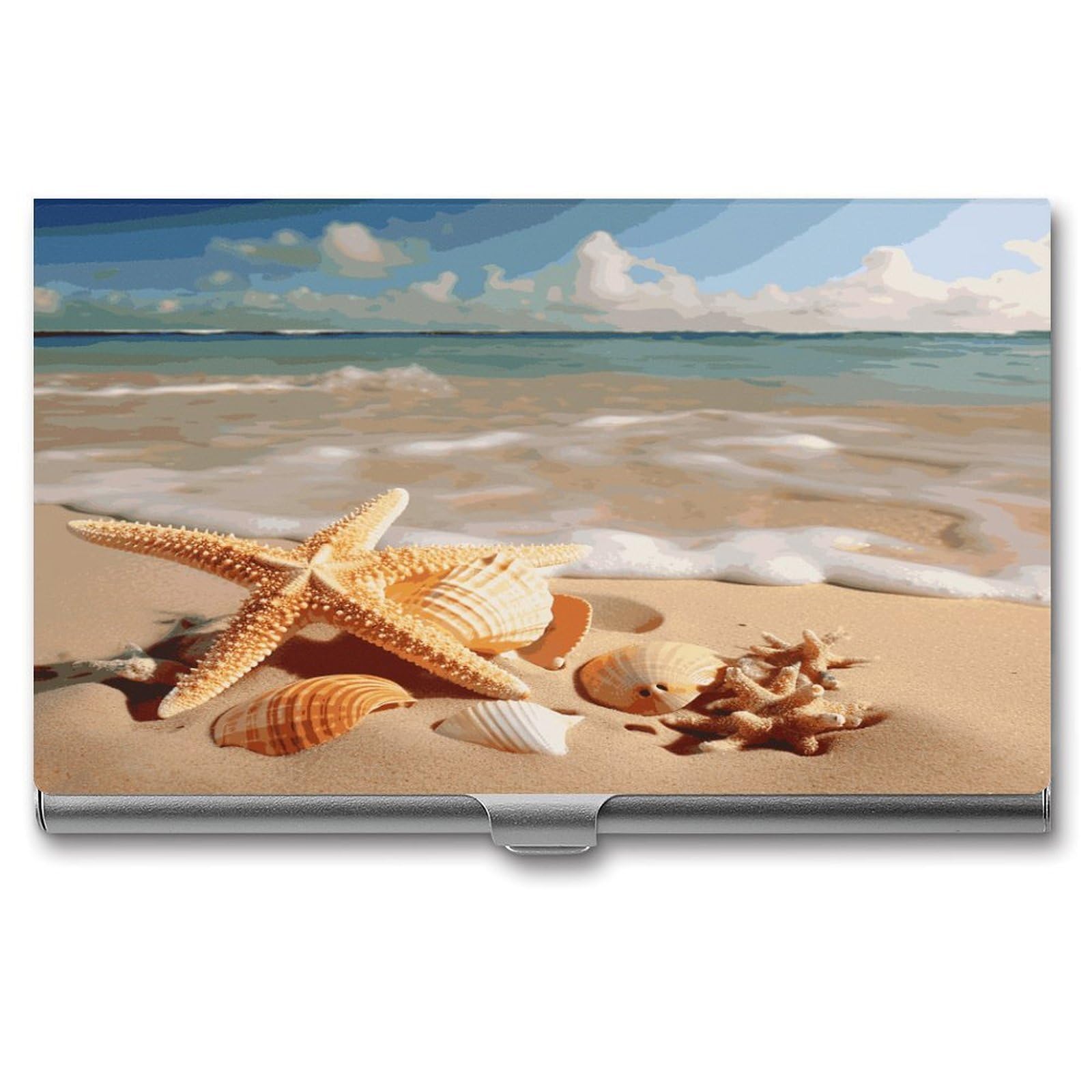 LDGSUPH Seashells Starfish on Beach Business Card Holder Fashion Slim Name Card Holder Minimalist Design Case Metal Card Carrier Personalized Business Card Case with Flip for Men Women