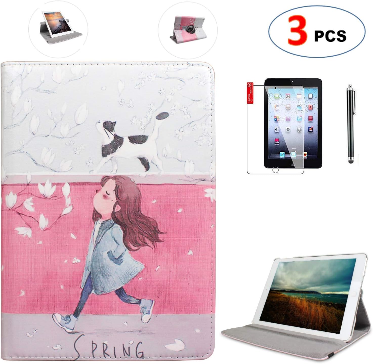 iPad 4th Generation Case with Screen Protector and Stylus - iPad Case for Model A1395 A1416 A1458-360 Degree Rotating Stand, Auto Sleep Wake, Shockproof, Scratchproof -MD510LL/A(Cat & Girl)