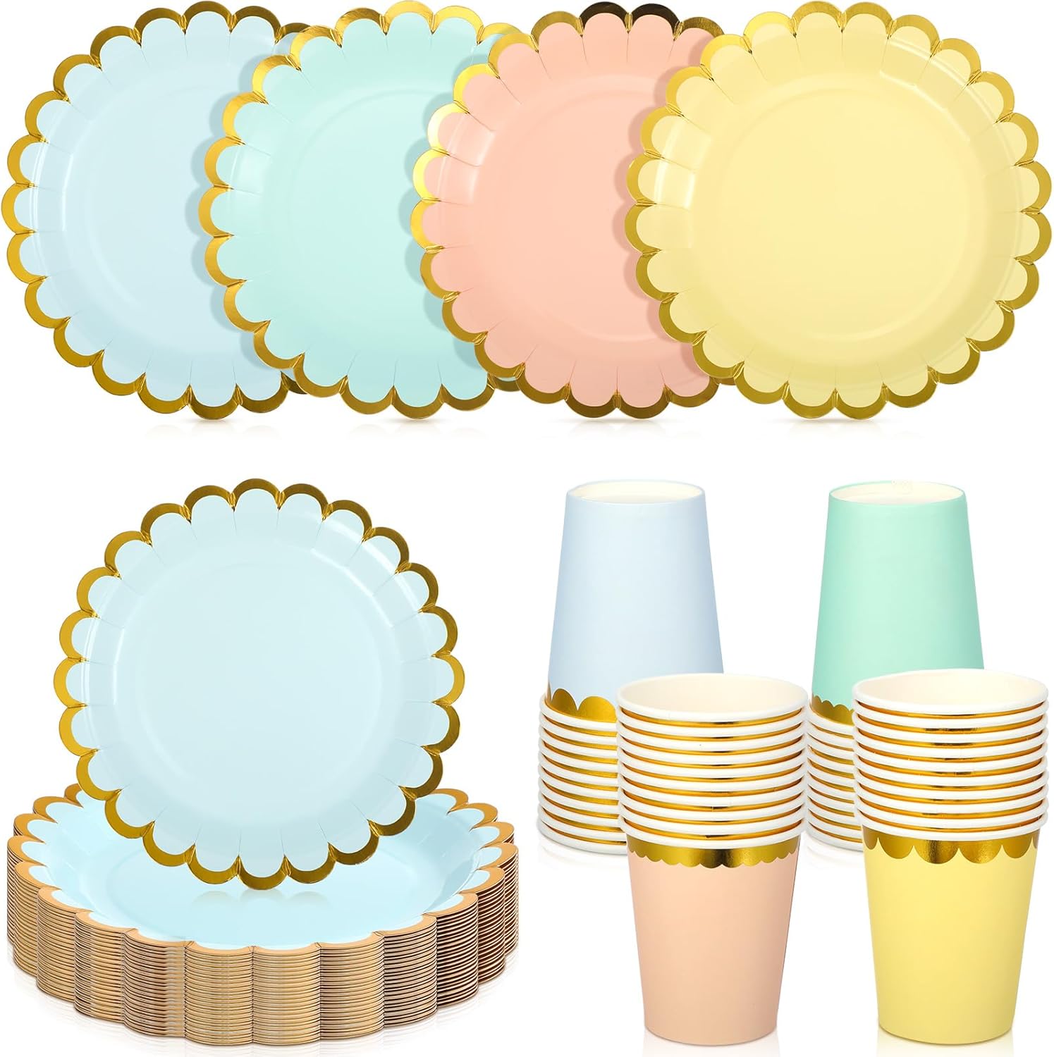 CHENGU Disposable Plates for Party Disposable Dinnerware Set Include 7 Inch Paper pastel Dessert Plates and 12 oz Cups for Birthday Party Supplies Baby Shower Wedding (Stripe Style,80 Pcs)