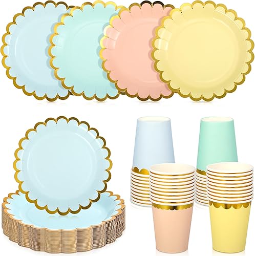 Miniatura 7 de CHENGU Los platos desechables para fiestas, el juego de vajilla desechable incluye platos de postre de papel pastel de 7 pulgadas y vasos de 12