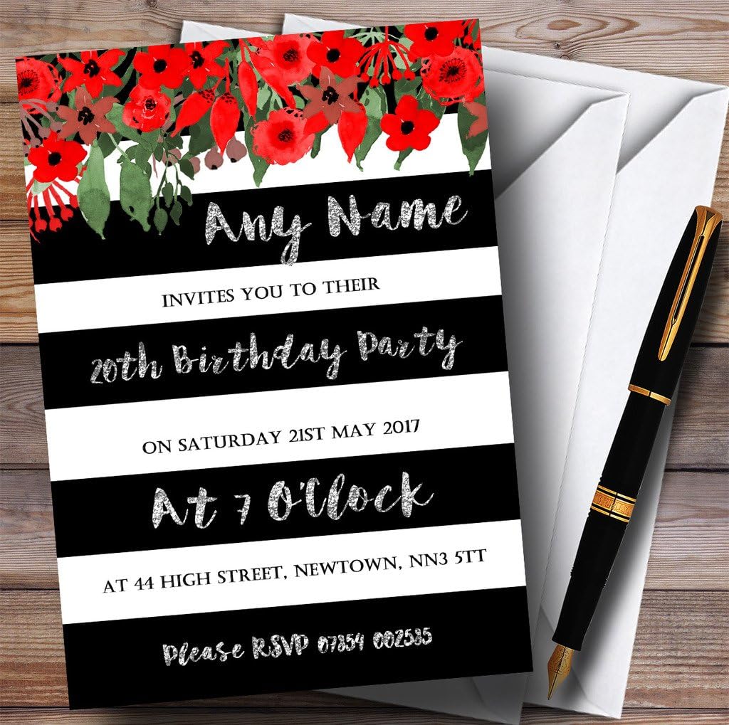 Red Floral Black White Silver 20th Personalized Birthday Party Invitations