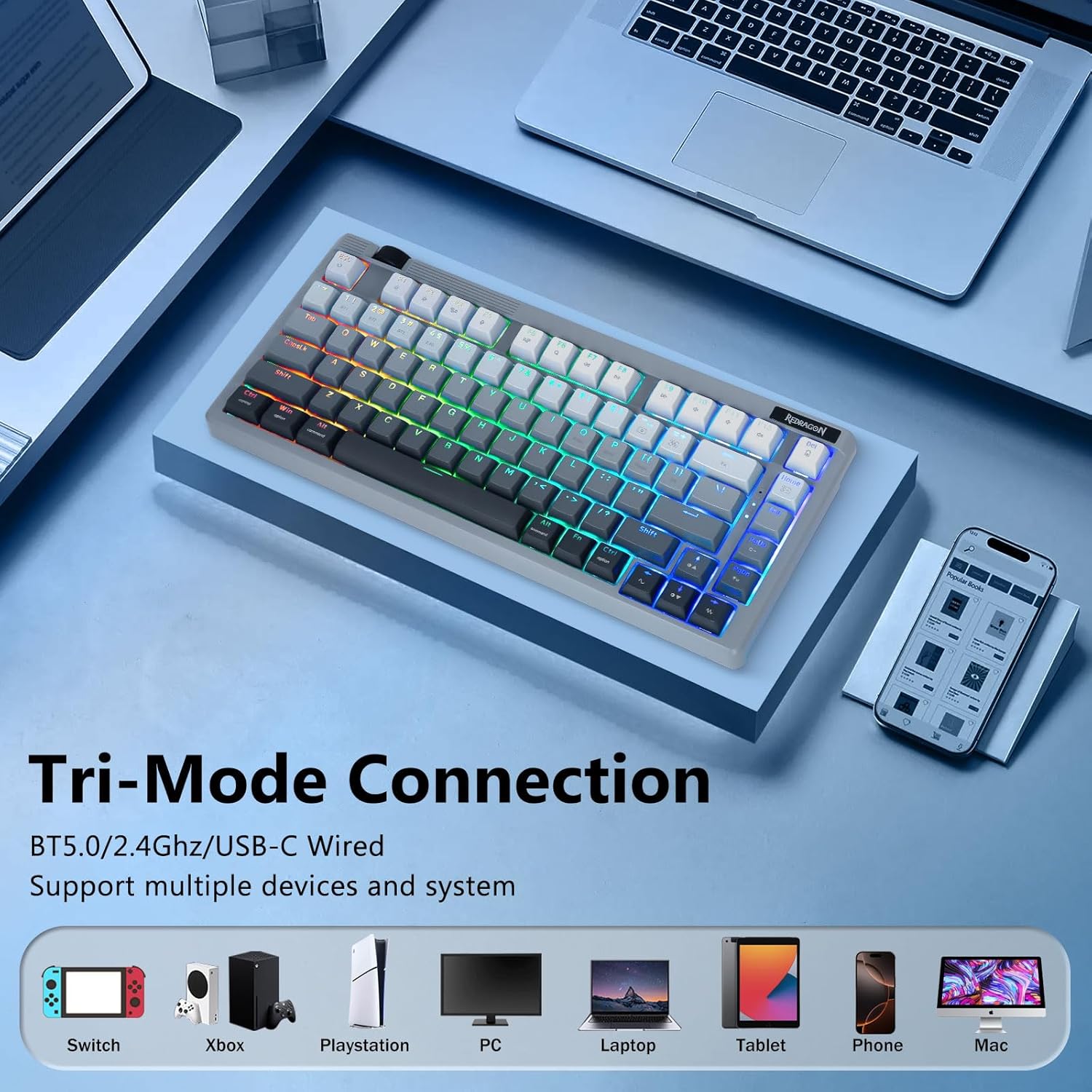 Redragon Wireless Mechanical Keyboard Creamy, Bluetooth/2.4GHz/USB-C Wired, 75% Hot Swappable Custom Gaming Keyboard with Knob, RGB Backlit, Pre-lubed Linear Switches, PBT Keycaps, Gray