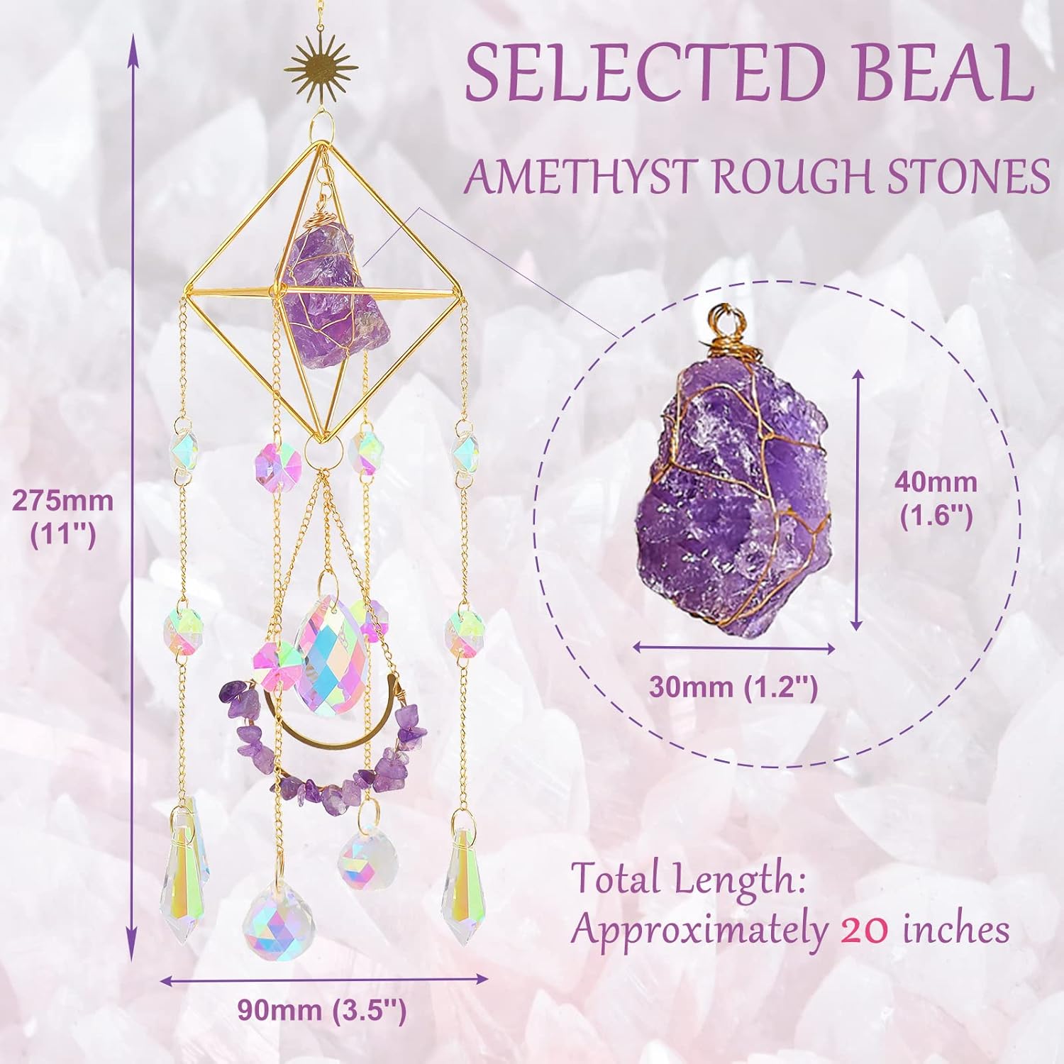 Amethyst Crystal Suncatcher - Hanging Gold Plated Garden Sun Catcher for Windows, Healing Amethyst Crystal Decor for Home, Gift for Christmas Birthday Valentine Mothers Day - Image 6