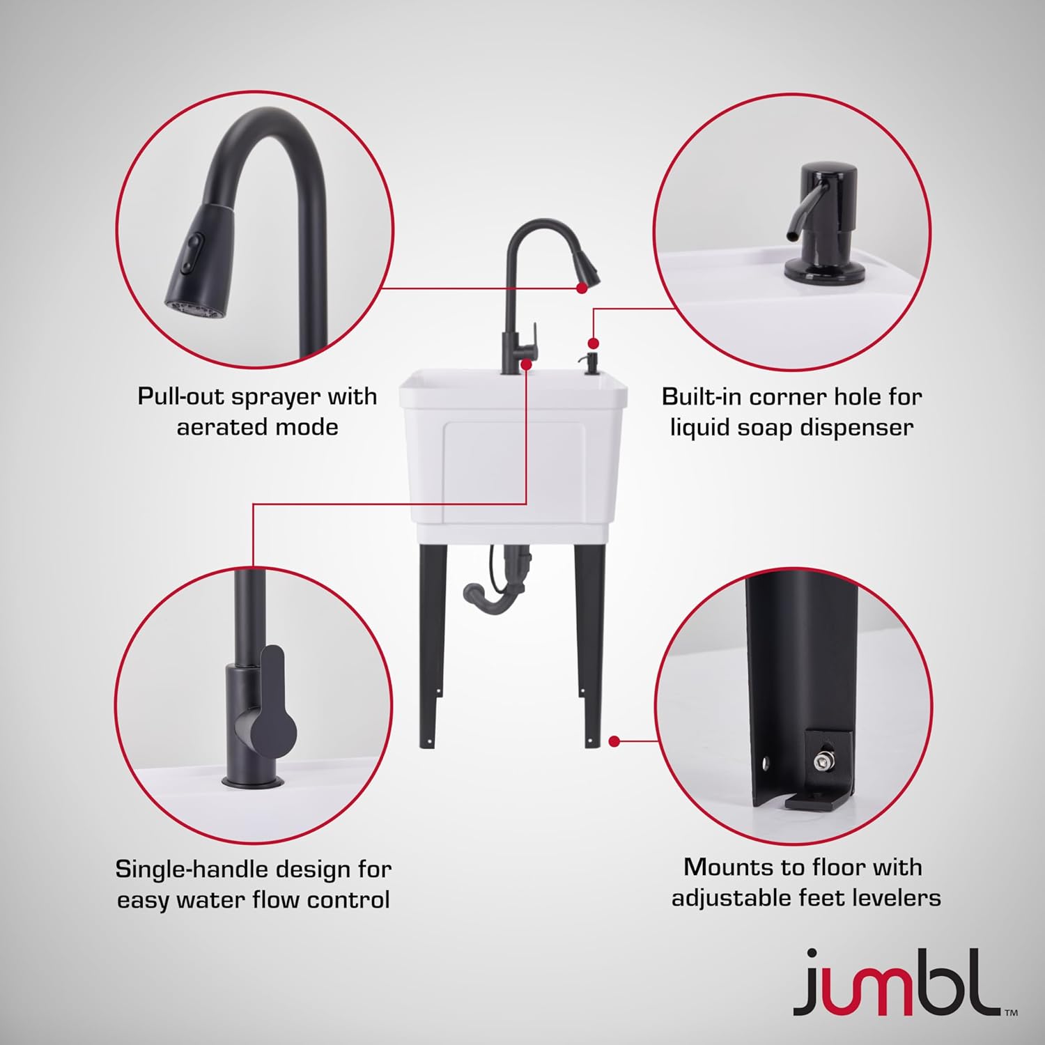 Jumbl Freestanding Utility Sink with Pull-Down Faucet | Laundry Room Tub with Gooseneck Sprayer, Single Handle Flow Control, Soap Dispenser, Drain Plug & Heavy-Duty Iron Legs with Levelers | White