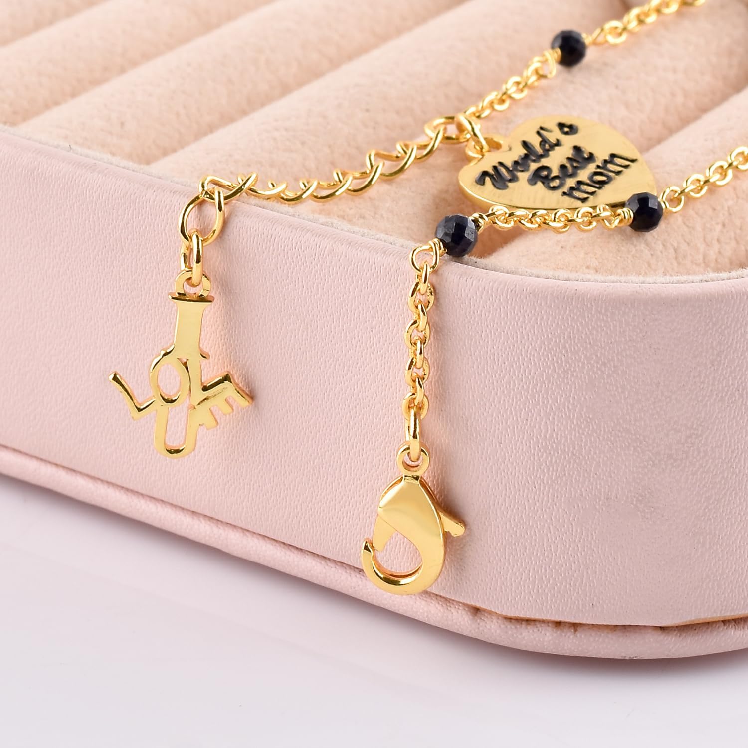 InfinityGemsArt Bracelets For Women Birthstone Jewelry Micro Beads Crystals and Healing Stones, Heart charm engraved “World’s Best Mom” And “I LOVE U” cut-out Charm, 18K Gold Plated Chain 8 inch
