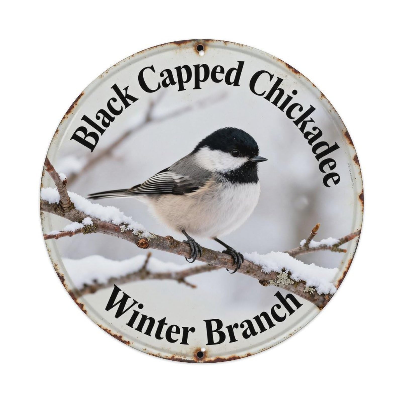 Black Capped Chickadee Winter Branch Metal Tin Sign Plaque