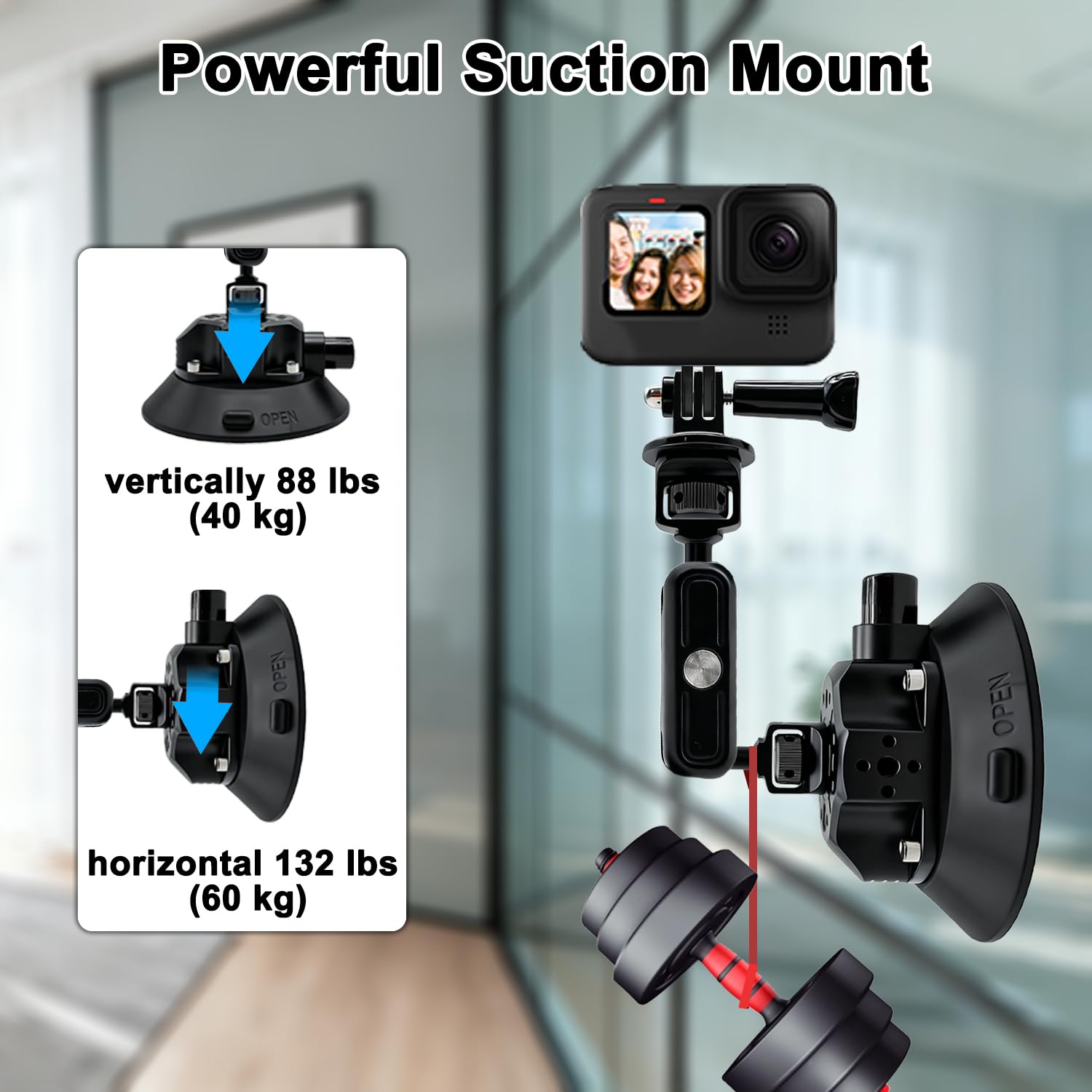 5'' DSLR Cámaras Coche Ventosa Soporte Compatible con Insta360 X5-X,Osmo 360/ Osmo Nano,60KG/132lbs Metal Bomba de Vacío Succión Soporte con Rótula Mágica & ARRI 1/4" 3/8" Agujeros para Acción Cámara
