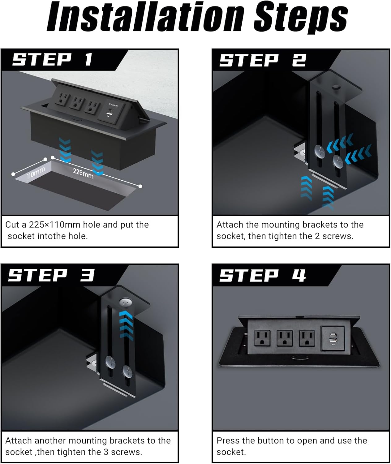 Conference Table Power Outlet PD20W Type-C Fast Charging Pop Up Table Hub Connection Box with 3AC Outlets and USB Port for Conference Room Kitchen Countertop