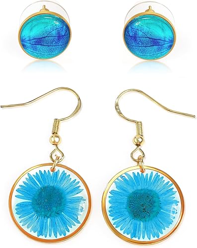Aretes de flores prensadas de margaritas con caja de regalo, aretes de flores secas redondas de 0.8 pulgadas, aretes de flores reales, regalos de