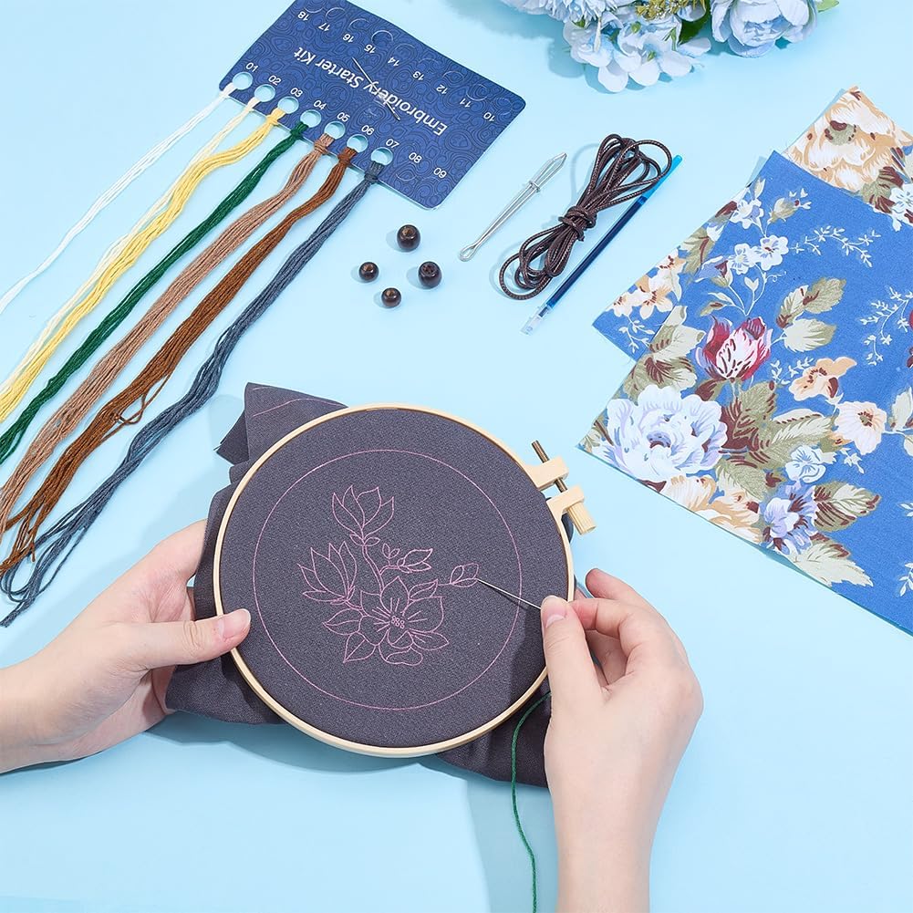 WEBEEDY 3 Sets DIY Embroidery Drawstring Bag Kit for Beginners,Flower Beginner Sewing Kit for Adults, Includes Pre-Printed Fabric, Color Threads, Needles, Embroidery Hoop and Instruction
