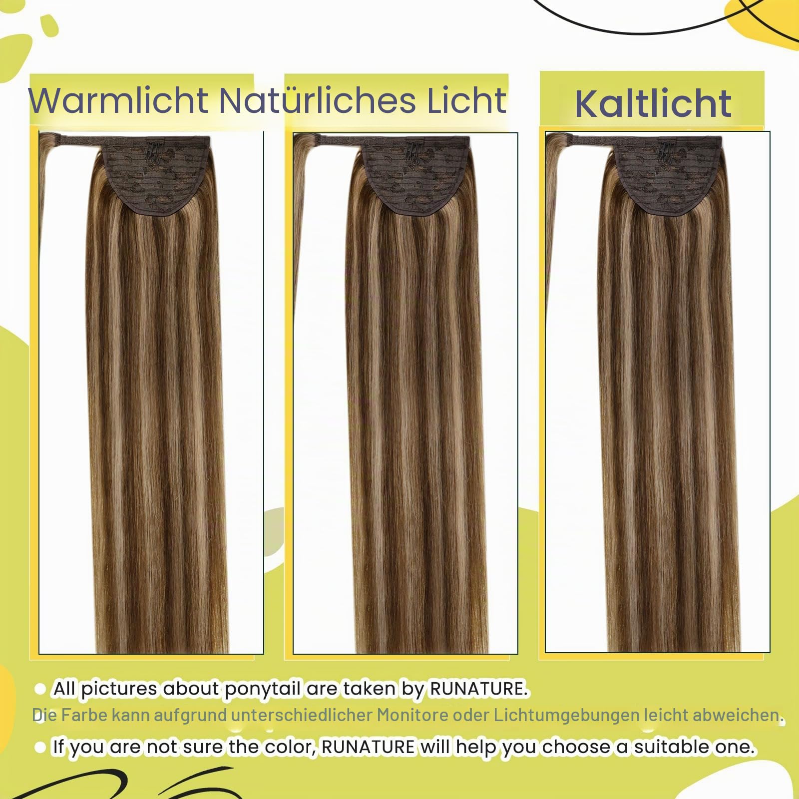 RUNATURE Ponytail Extensions Echthaar Braun Highlight 45cm 80g #3P12 | Clip in Ponytail–hitzebeständig, unsichtbare Clips, nahtlos integriert. Kein Haarausfall, natürlich, mehrdimensional.