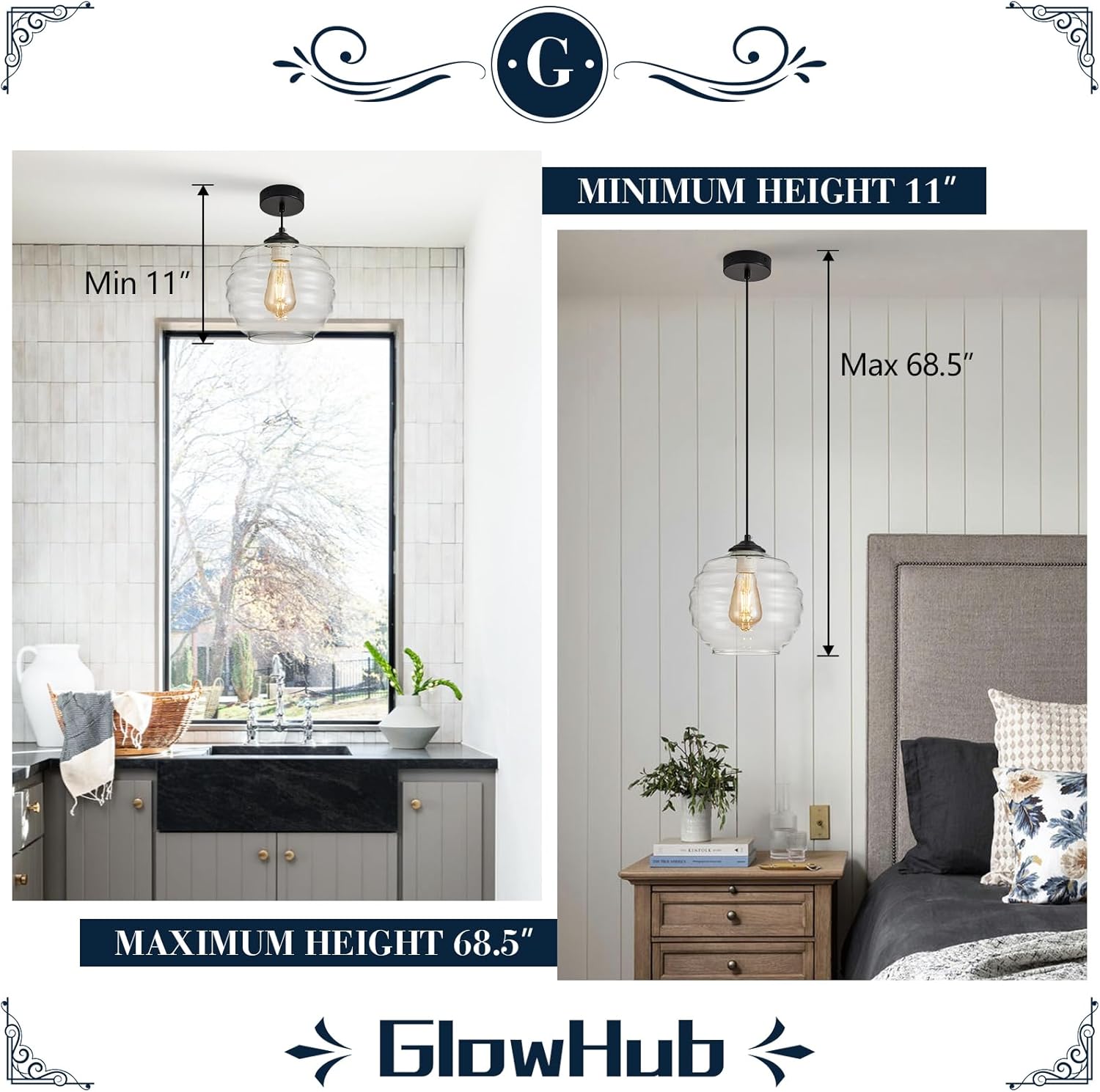 GlowHub 8.7" Modern Pendant Lights for Kitchen Island, Black Pendant Light Fixtures with Clear Water Ripple Glass Shade, Farmhouse Globe Hanging Lights Fixture for Dining Room Bedroom Entryway