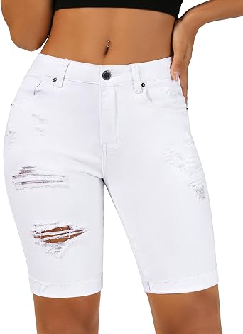 roswear Womens High Waisted Stretchy Ripped Cuffed Bermuda Denim Jean Shorts
