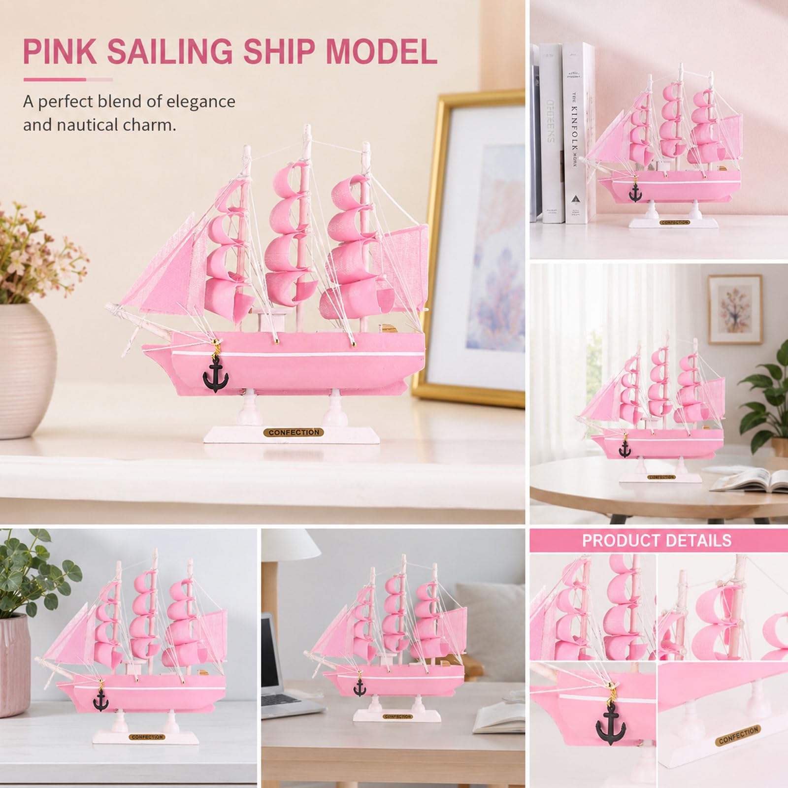 YLME Rosa Segelboot-Dekomodell Dekoratives Segelschiff Mit Realistischen Segeln Und Anker Akzent Für Strandhaus/Regal Für Schreibtisch/Tisch Einzigartige Geschenkidee,30cm