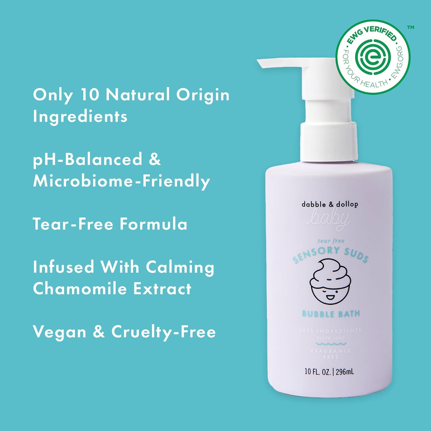 Dabble & Dollop Baby Bubble Bath for Sensitive Skin - Tear-Free & pH-Balanced, EWG-Verified, Fragrance-Free, Long-Lasting Baby Bath Bubbles (10 fl oz, Pack of 2)