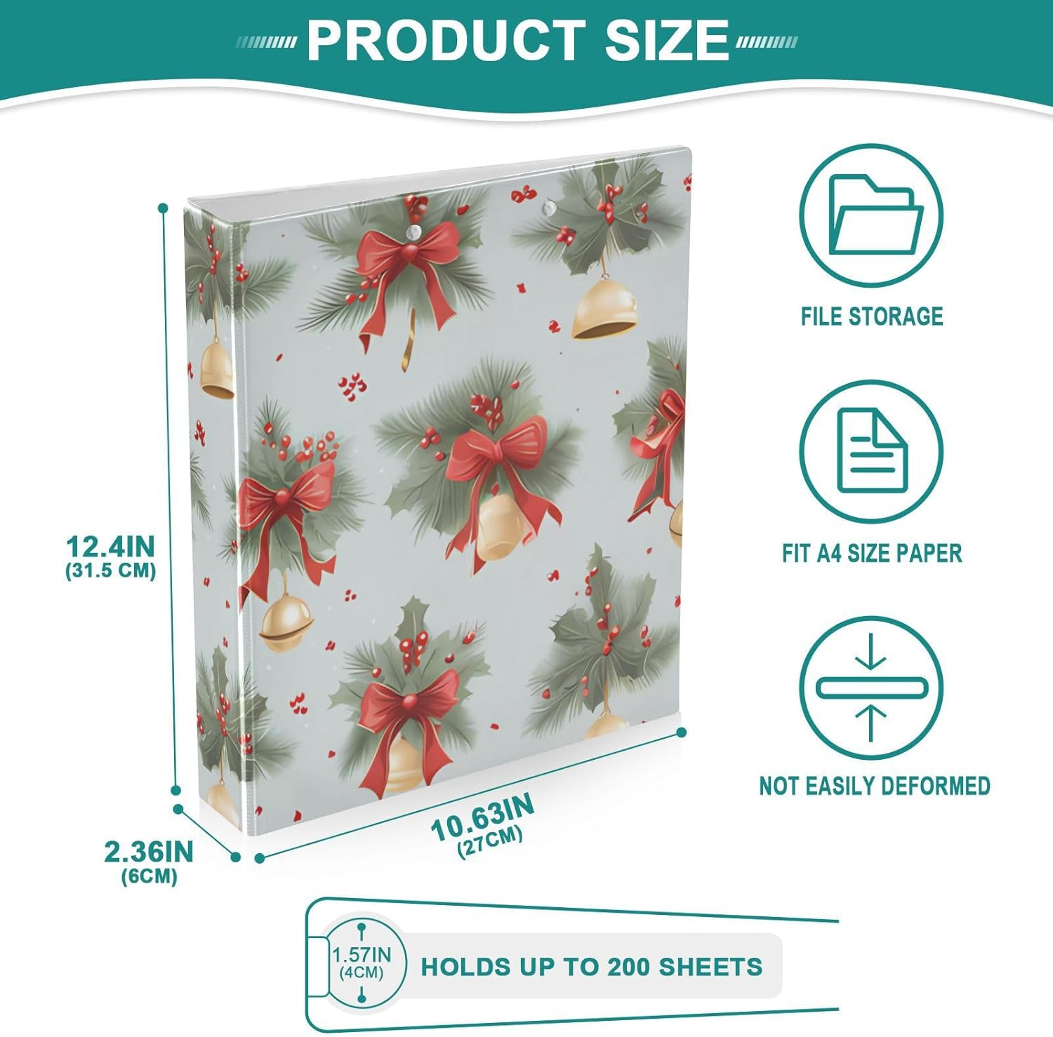 Christmas Red Bow Bell 3 Ring Binder,1.5" Round Rings,Holds 200 Sheets,Versatile Binders for Office Use,1 Pack