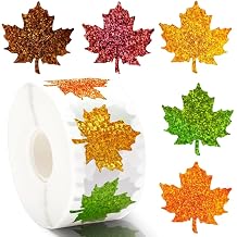 500Pcs Fall Thanksgiving Stickers Roll - Laser Maple Leaf Self-Adhesive Stickers,5 Colors Sparkly Waterproof Decals for Autumn Party Cards Seal Envelopes Supplies Scrapbook Decor