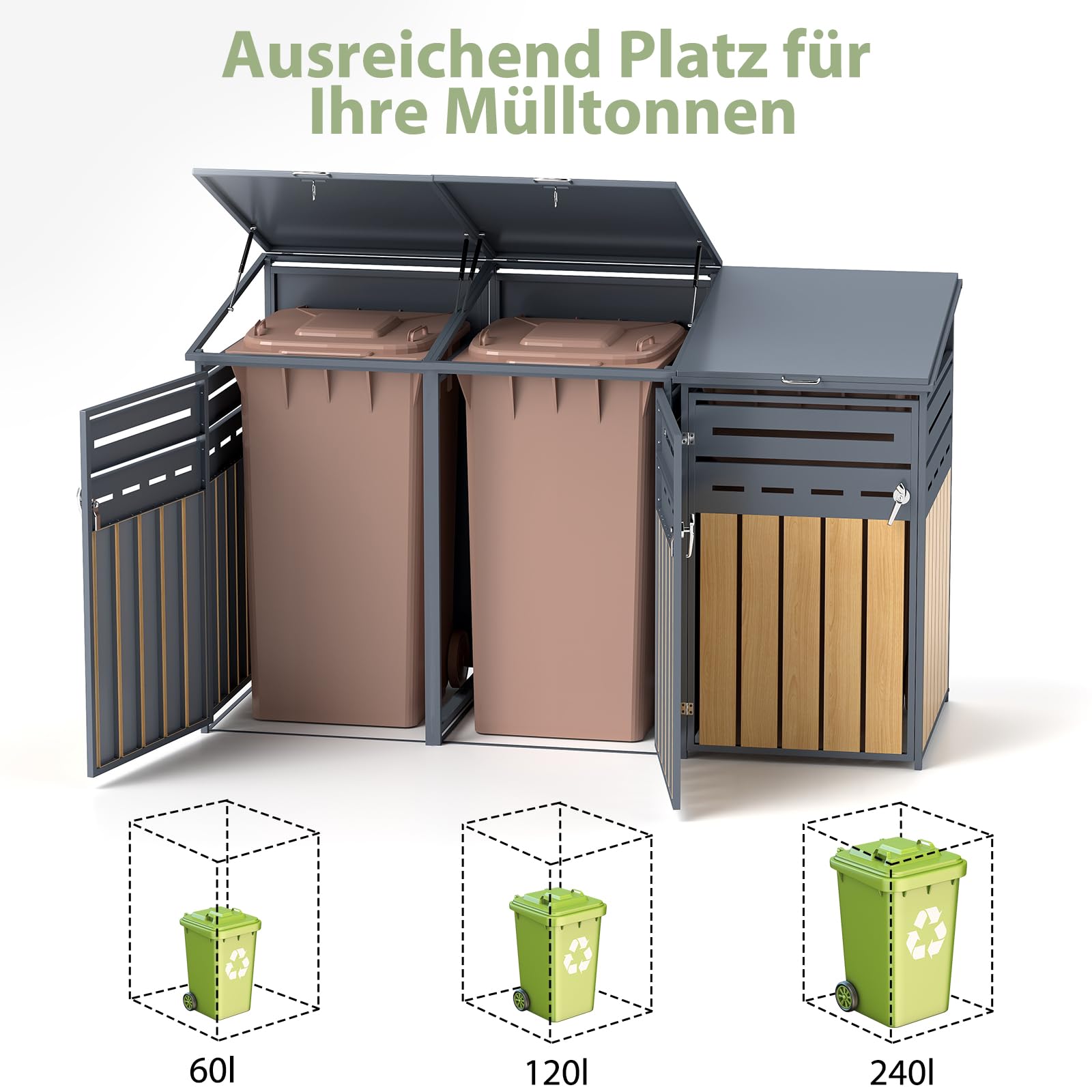 Mülltonnenbox für 3 Mülltonnen von 120-240 Litern, aus verzinktem Stahl in Anthrazit, abschließbare Gartenbox, Tonnenhaus, Müllbox mit schrägem Dach.
