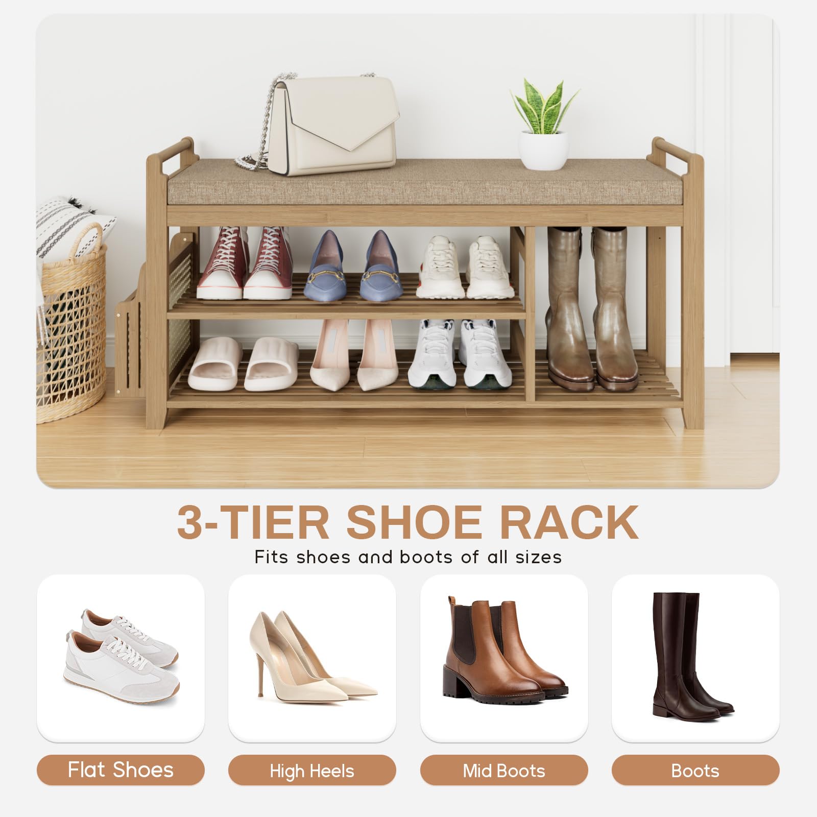 Homaxy 2-stöckiges Schuhregal Bank mit Seitenhalter 106,4 cm Bambus-Eingangsbank Schuhregal Organizer mit Kissen Walnuss Hellbraun
