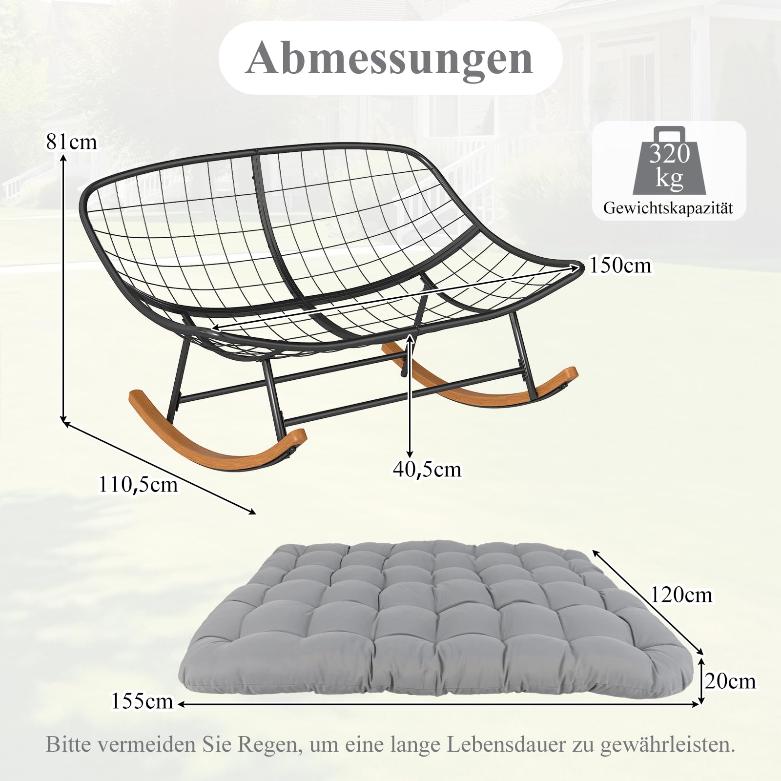 COSTWAY Schaukelstuhl 2 Personen Outdoor, Schaukelsessel mit dickem Kissen | XXL Relaxsessel bis 320 kg belastbar, für Balkon, Garten und Wohnzimmer, Hellgrau