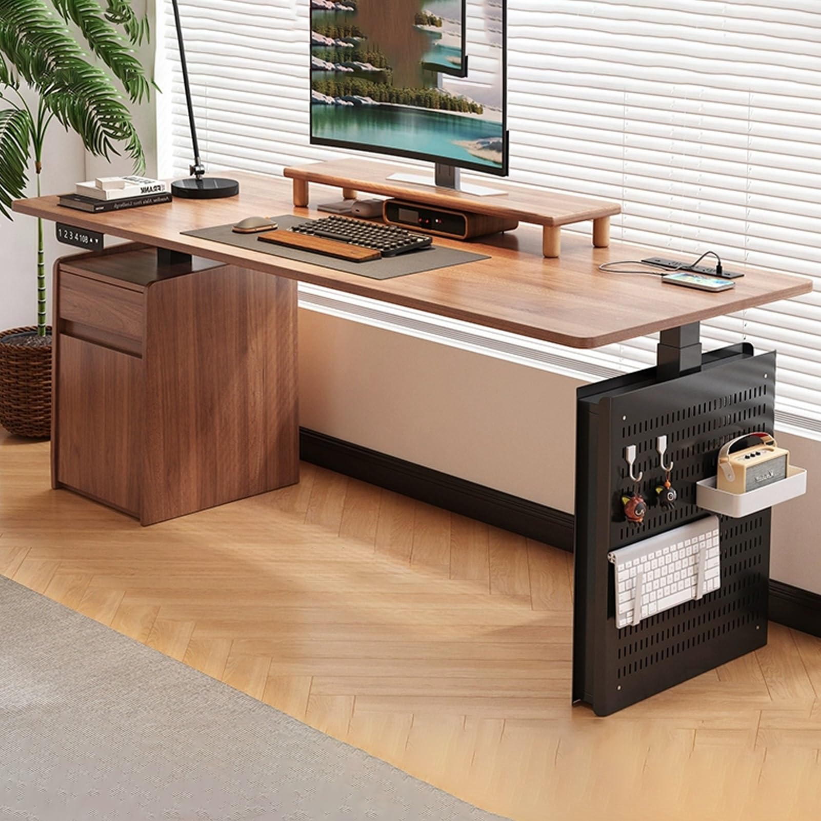 CGCSYZ Adjustable Standing Desk with Storage Cabinets and Drawers - Sit Stand Desk with Memory Height Settings, Perforated Board Storage - Easy to Install (Black 55.1in/140cm)