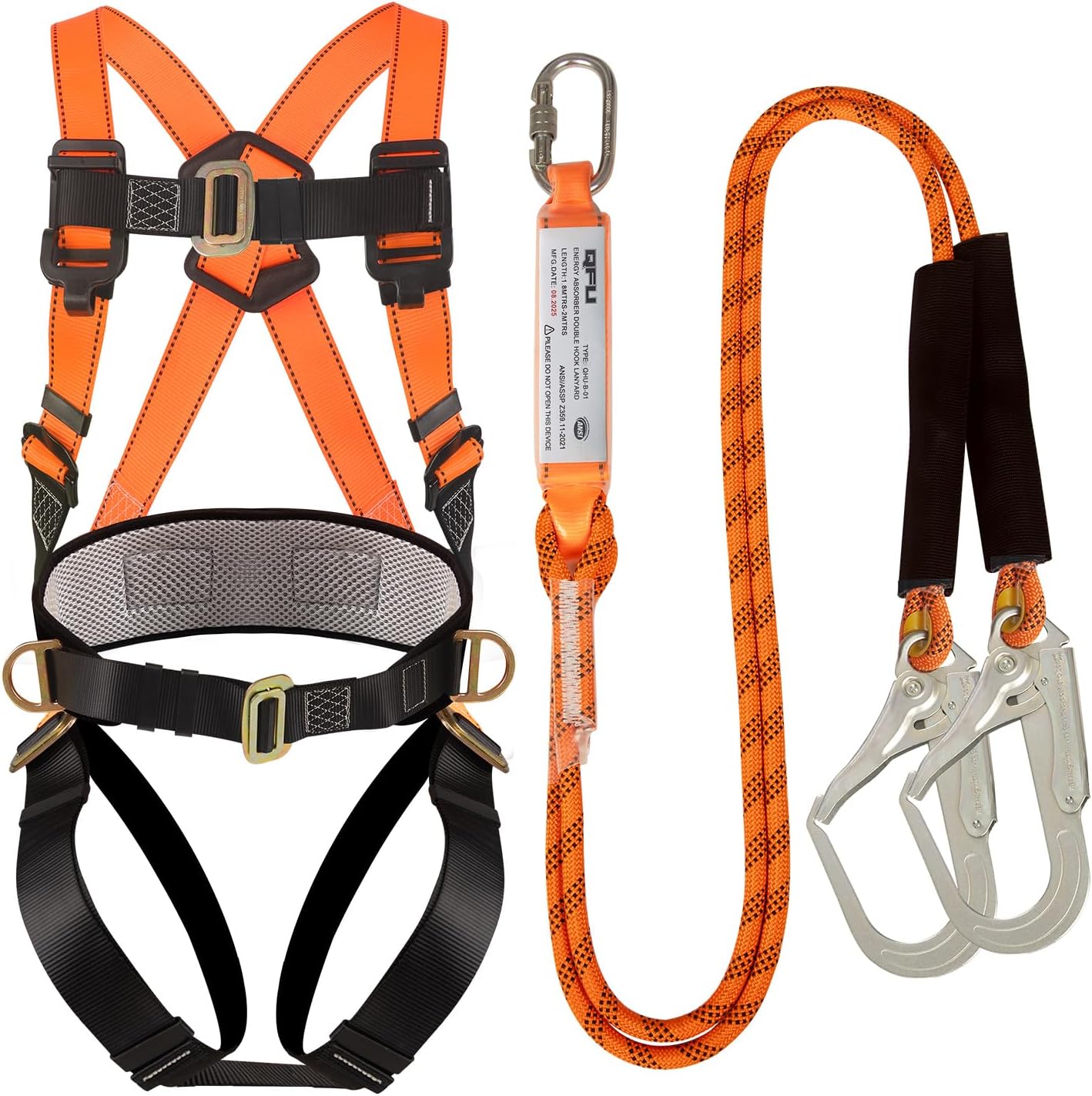 Safety harness fall protection kit, equipped with shock-absorbing ropes, full-body safety harness for roof work