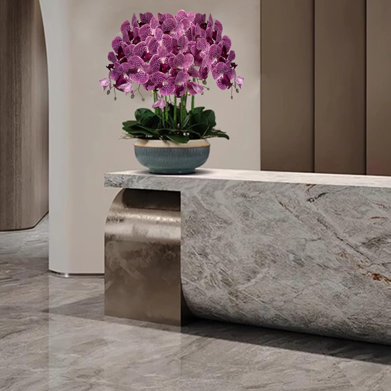 HinyoCo 5 Pcs Artificial Orchid Flowers and 4 Bundles Leaves, Artificial Phalaenopsis Flowers 32 Inch Stem Plants for Home Wedding Decoration (Purple Spots)