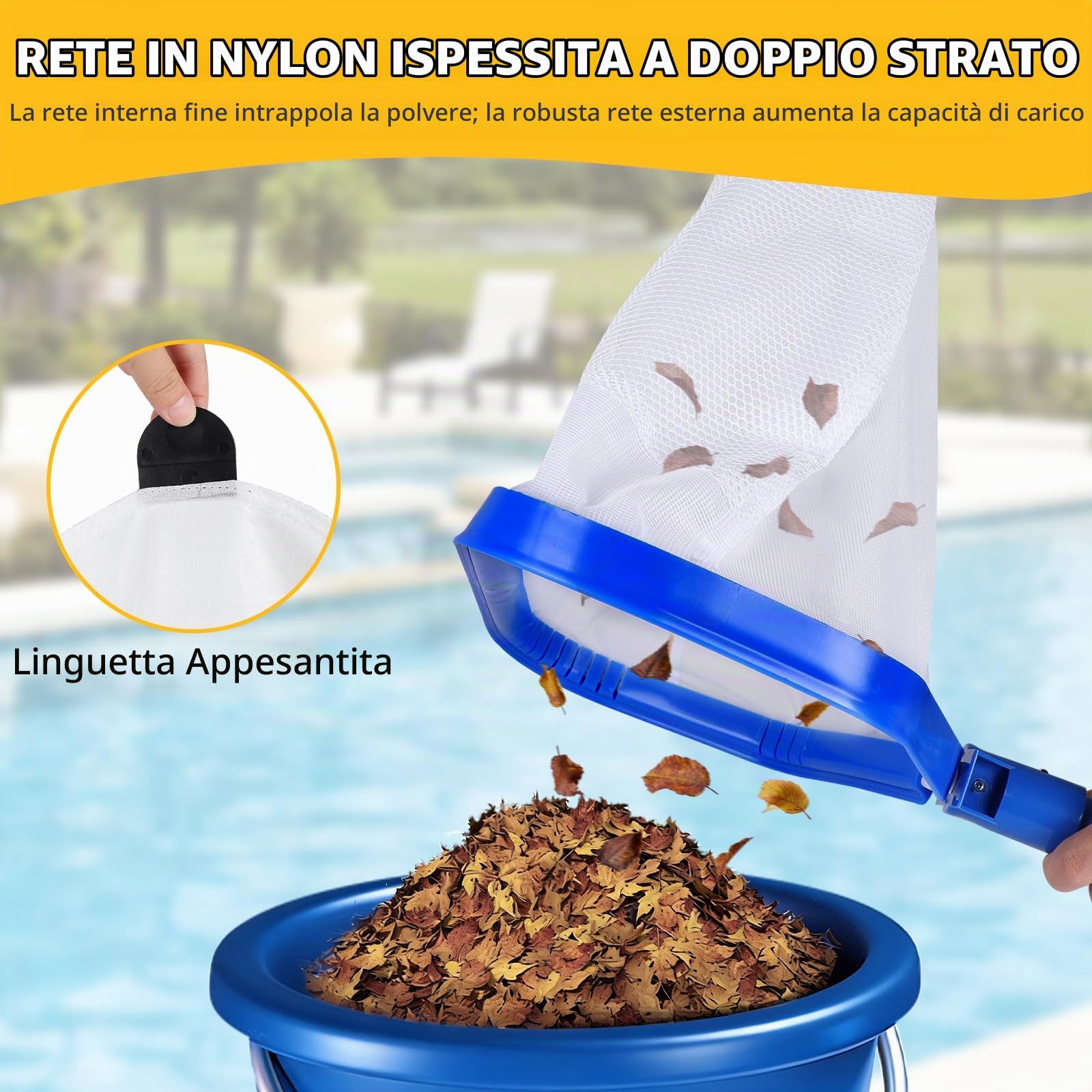Épuisette pour Piscine, Filet de nettoyage avec Manche réglable 2,8m épuisette pour étang à Double couche, Filet Profond pour Piscine - Type B (Cadre Bleu Aluminium, Filet Fin Blanc Profond)