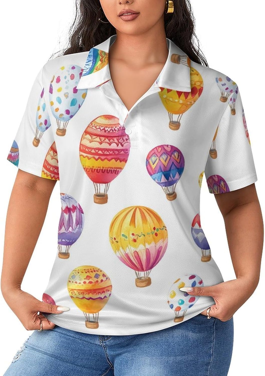 Colorful Hot Air Ballons Women's Golf Polo Shirts Short Sleeve Quick Dry Tennis Tops Casual Work Blouses