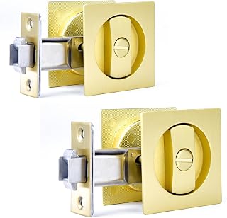 Dontay 2 Pack Pocket Door Privacy Lock, Flush Handles, 2-3/8" Backset, (Bed/Bath) Latch, Recessed Knob, Hardware for 1 3/8” to 2 3/16” Thickness Door (Excluding Edge Pull, Satin Brass, Square)