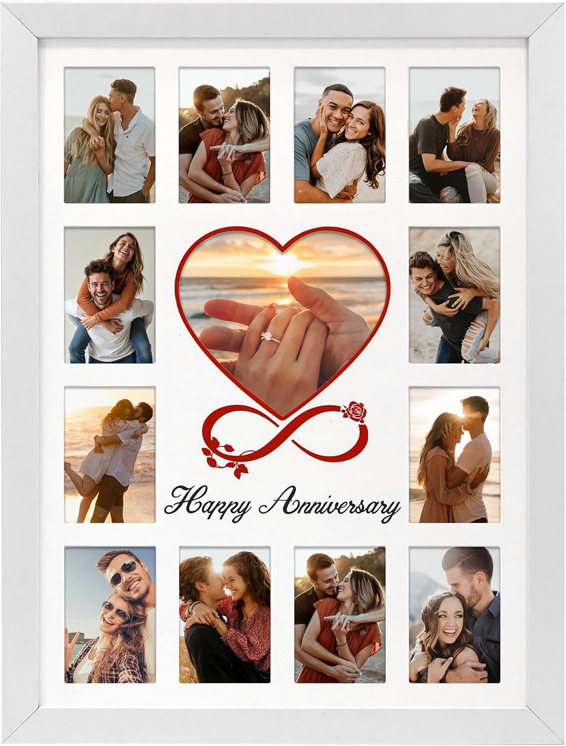 FramePro 12x16 Heart Anniversary Collage Picture Frame, DIY Names Custom Multi Photo Frame Holds 13 Photos, Anniversary Decorations Gifts for Couples Husband Wife, 1st Year Wedding & Valentine’s Day Gift Ideas (White)