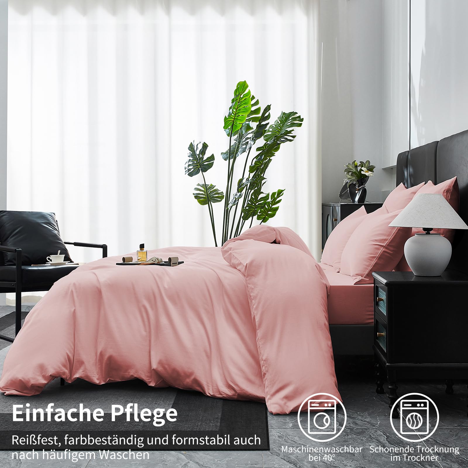 Ropa de cama de satén, 220 x 240 cm, color rosa, 100 % algodón de fibras largas, refrescante, satén Mako, ropa de cama suave y transpirable, de seda, juego de 3 piezas con cremallera y 2