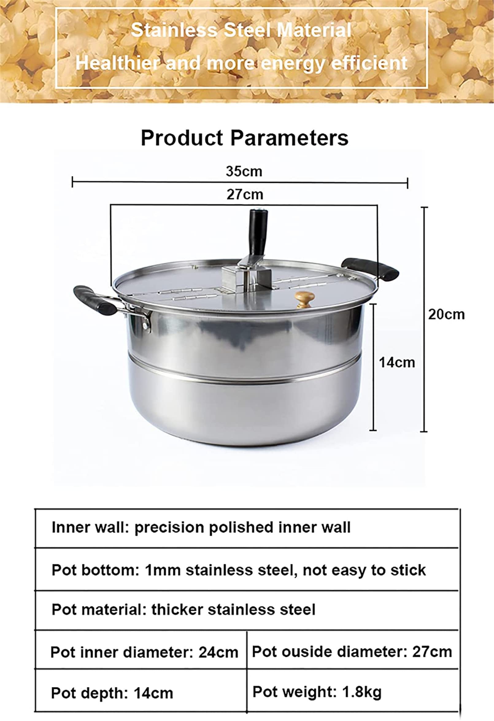 Mezcla Manual De Olla De Palomitas De Maíz De Acero Inoxidable Estufa Casera Máquina De Palomitas De Maíz a Gas Comercial Antiadherente Manual Máquina De Maíz con Manivela De Aceite Caliente