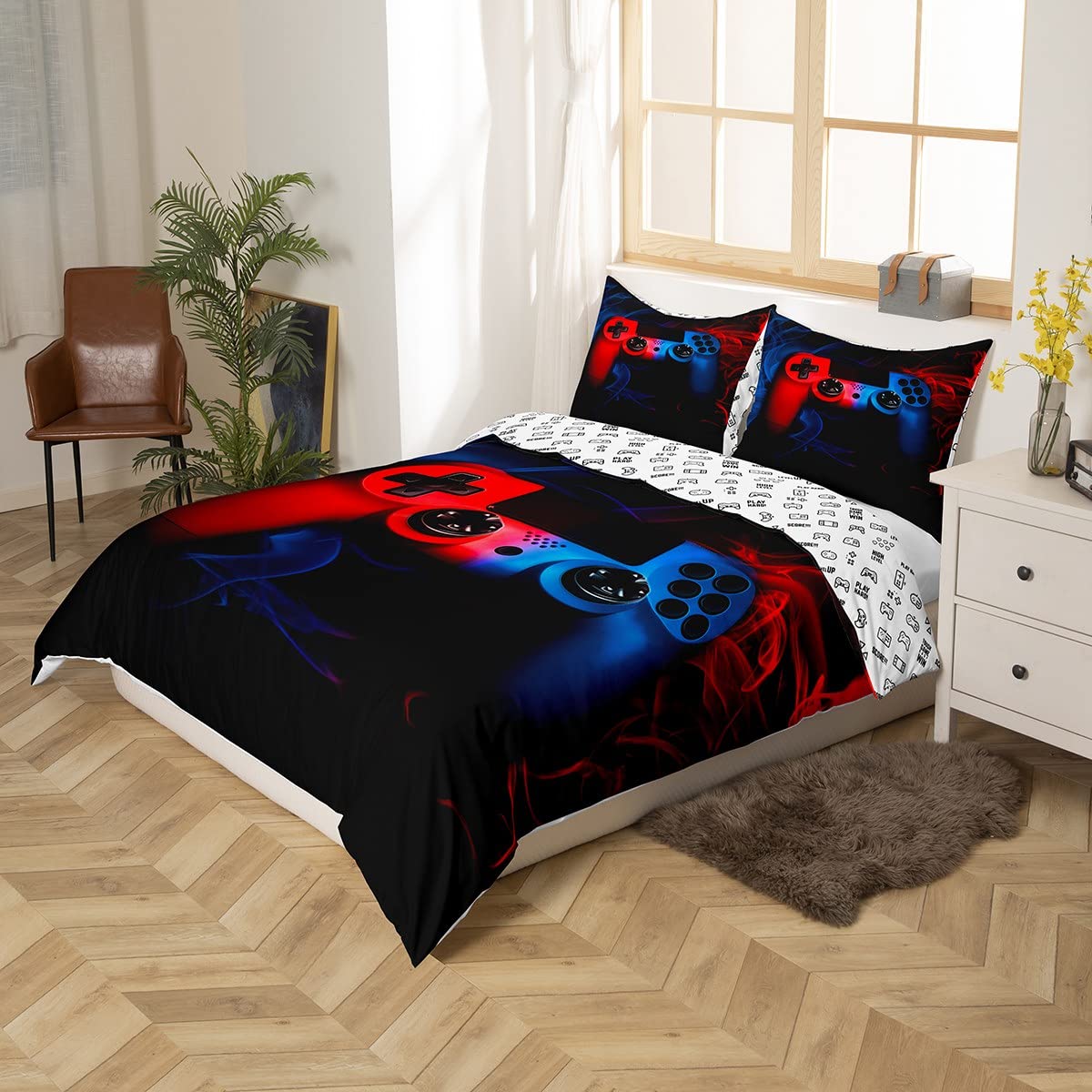 Juego de ropa de cama para juegos, juego de ropa de cama de videojuegos rojo y azul, juego de ropa de cama para niños, adolescentes, juego de funda de edredón con 1 funda de edredón, 2 fundas de almo