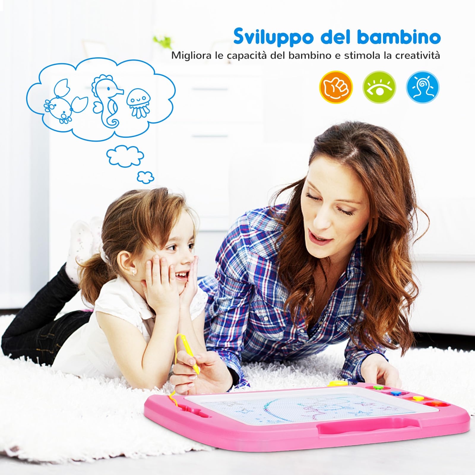 SGILE Grande Lavagna Magnetica per Bambini 2, 3, 4 Anni, Tavola da Disegno Cancellabile Lavagnetta Magica, Giocattoli Educativi, Regalo per Bambini, Portatile, Rosa