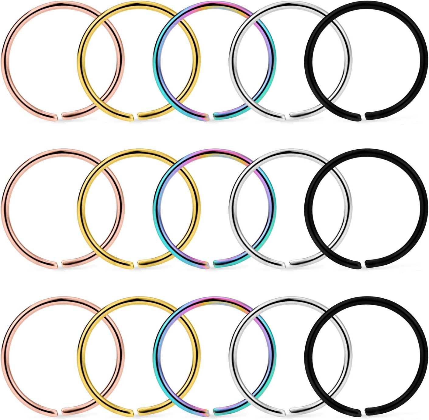 Dyknasz 15-30Pcs 22-18G Nose Rings Hoop Surgical Steel Fake Nose Ring Tragus Cartilage Helix Piercing Earring Hoops Septum Lip Ring 6-14MM for Women Men - Image 5