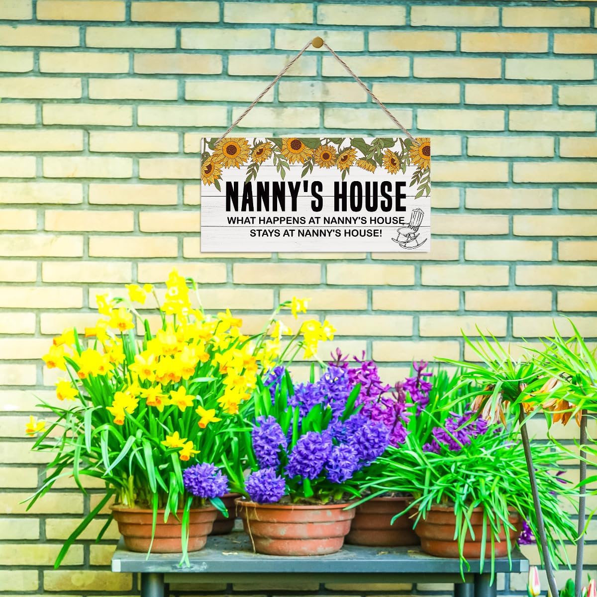 Rustic Nanny's House Decor Sign, Sunflower Sign, Hanging Decorative Wood Plaque, Printed Wood Art Wall Decor, What Happens at Nanny's House, Stays at Nanny's House Sign, Gift for Grandma 12x6in - Image 3
