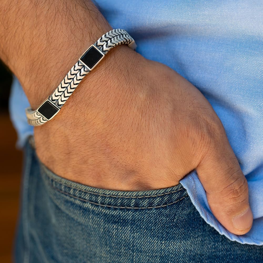 Handmade Sterling Silver Square Onyx Stone 10mm Cuban Curb Chain Men Bracelet