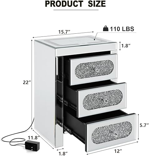 Miniatura 2 de COSVALVE Mesita de noche plateada, mesa auxiliar con espejo con carga inalámbricaUSBtipo C, moderna mesa auxiliar LED con cajones de cristal,