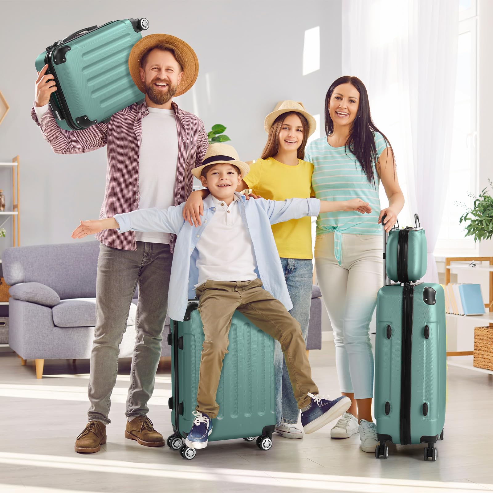 LALAHO Kofferset 4 teilig Hartschale mit Kosmetikkoffer - Türkis | Koffer Set aus ABS, Reisekoffer mit Rollen Groß, Hartschalenkoffer Set, Koffer & Trolleys
