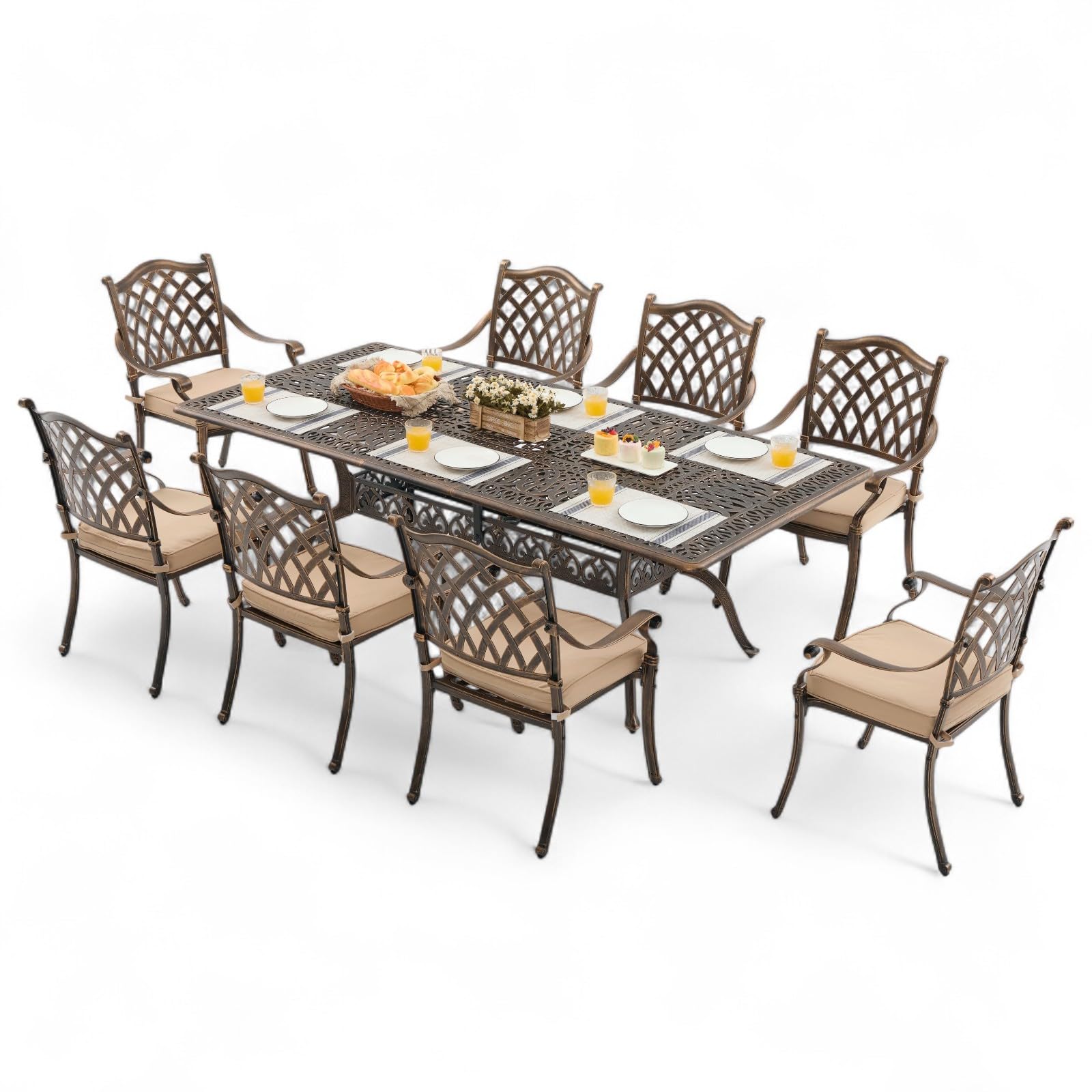 Attliasalon 9 Piece Outdoor Dining Set Cast Aluminum Patio Furniture Set, Retro Patio Dining Set for 8 Includes 86.6’’ Table 8 Chairs with Thicker