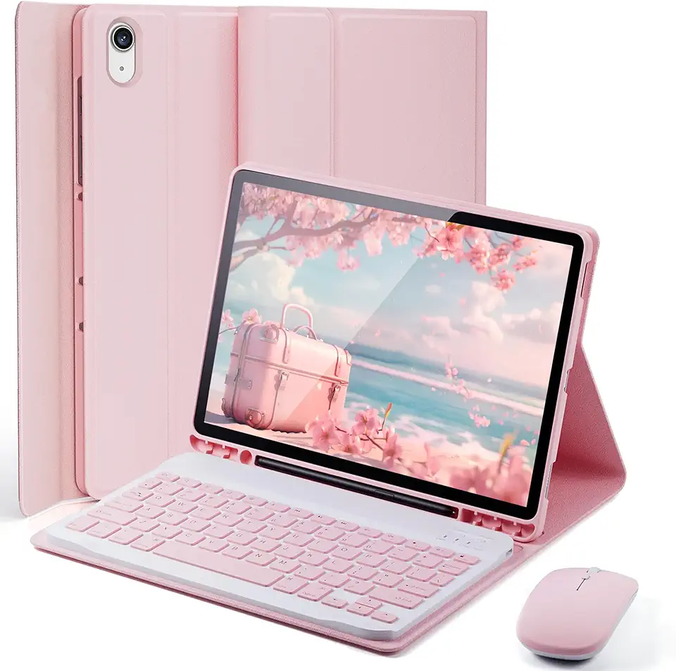 Capa Teclado para iPad Air 11 M4 M3 M2 (2026,2025,2024) e iPad Air 5ª 4ª geração (2022, 2020) 10,9/11 polegadas Capinha com Taclado [Suporte de lápis] com [Mouse] - Rosa
