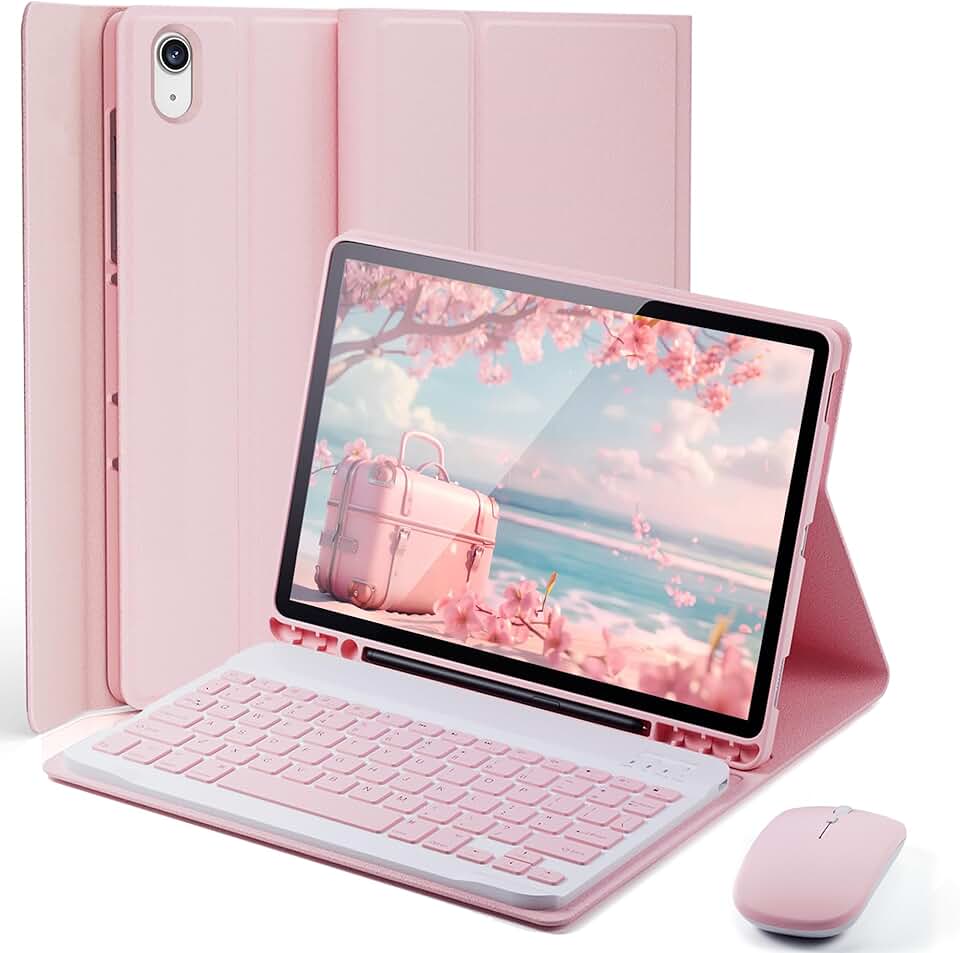 Capa Teclado para iPad Air 11 M4 M3 M2 (2026,2025,2024) e iPad Air 5ª 4ª geração (2022, 2020) 10,9/11 polegadas Capinha com Taclado [Suporte de lápis] com [Mouse] - Rosa